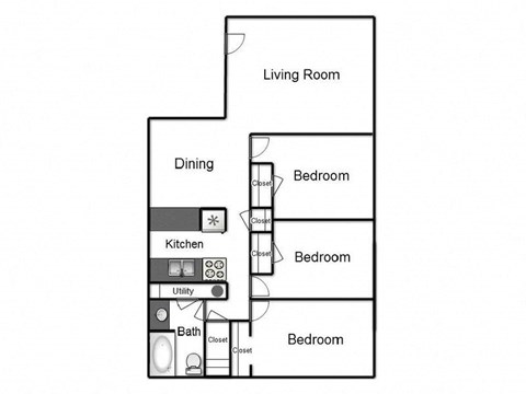Floor plan for 3 beds, 1 bath, 929 sqft